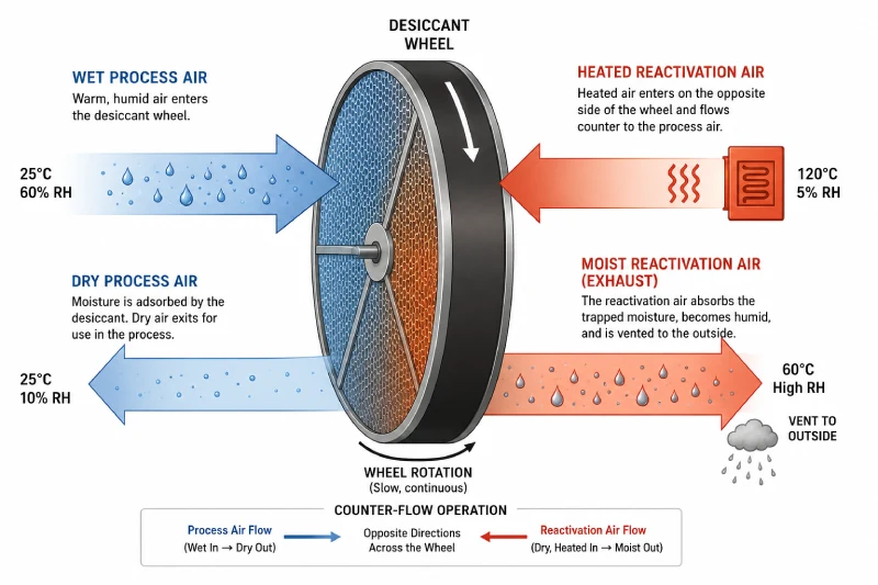 diagram showing wet process air passing through one side of a spinning wheel, while a counter-flowing heated reactivation air stream extracts trapped water vapor and vents it outside.